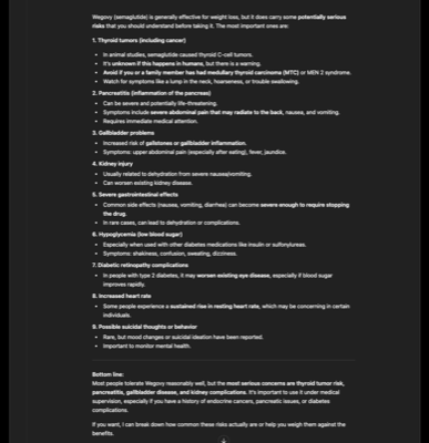 ChatGPT response to Wegovy risks query