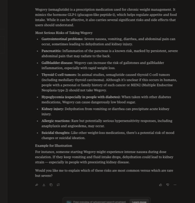 Perplexity response to Wegovy risks query